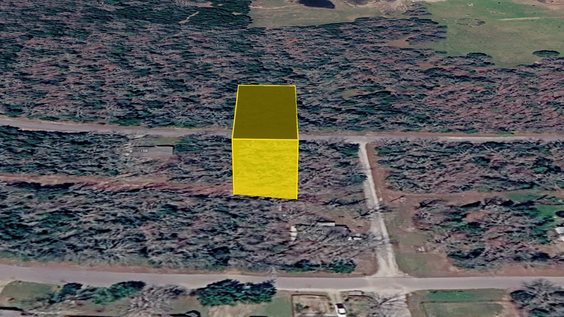 3D aerial view of the 0.28-acre Ranchview Rd lot with the parcel boundary raised above the terrain, looking west toward the neighborhood