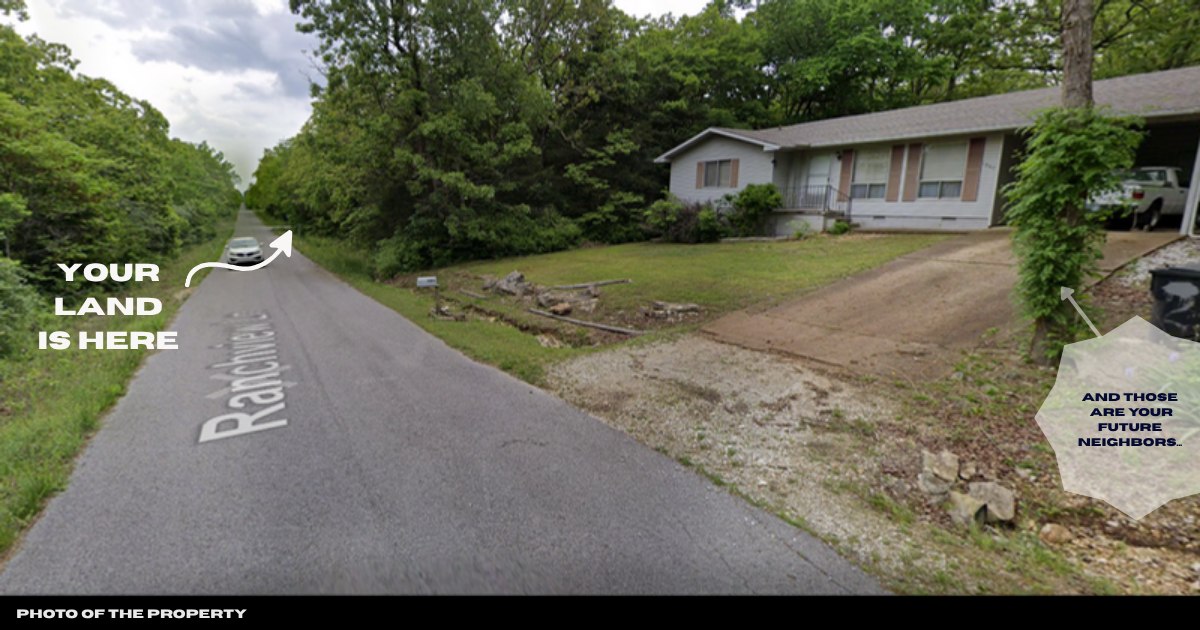 Street-level photo of the Ranchview Rd lot with the parcel marked and a neighboring home alongside