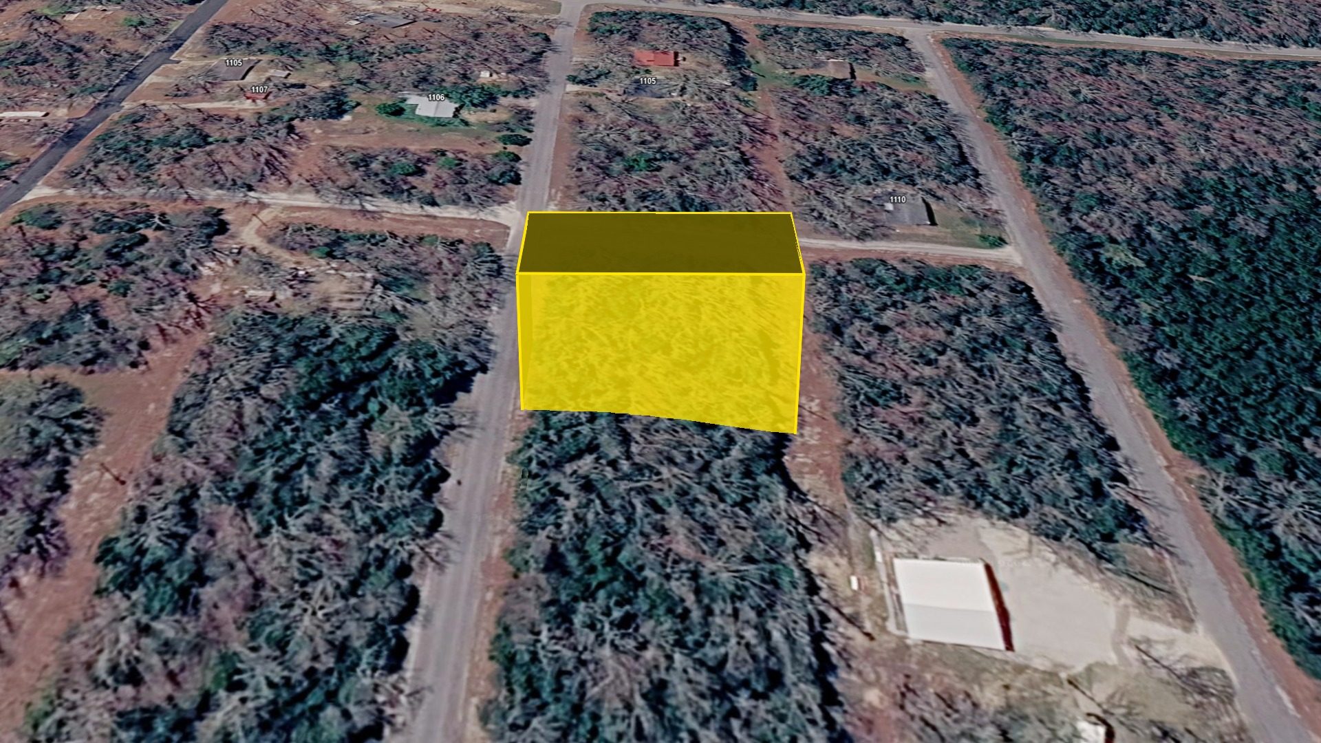 3D aerial view of the 0.25-acre Pavilion Ln lot with the raised parcel boundary, looking north across the surrounding lots