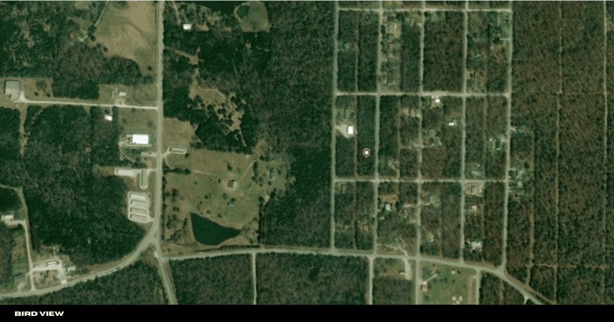 Wide bird’s-eye satellite view of the Horseshoe Bend area around the Pavilion Ln lot