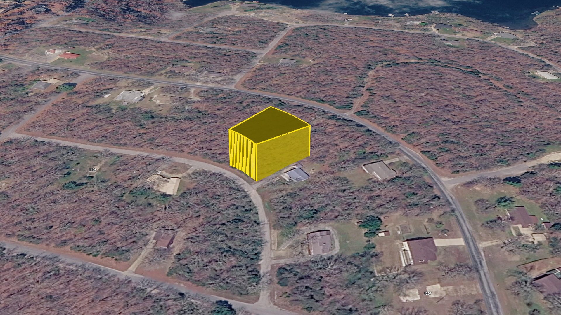 3D aerial view of the 0.35-acre Crown Lake lot with the parcel boundary raised above the terrain, looking west toward the neighborhood
