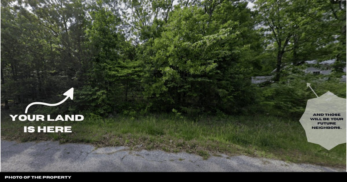 Street-level photo of the 0.35-acre lot from the road, wooded frontage with the parcel marked