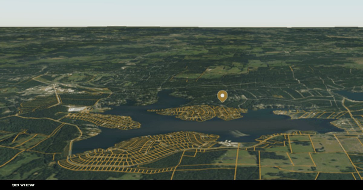 3D aerial perspective of Crown Lake with the parcel location pinned