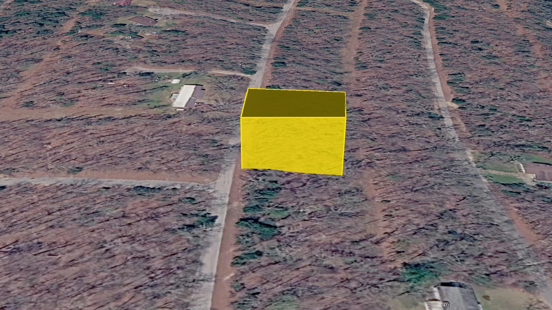3D aerial view of Lot 30 with the parcel boundary raised above the terrain, looking west toward the neighborhood