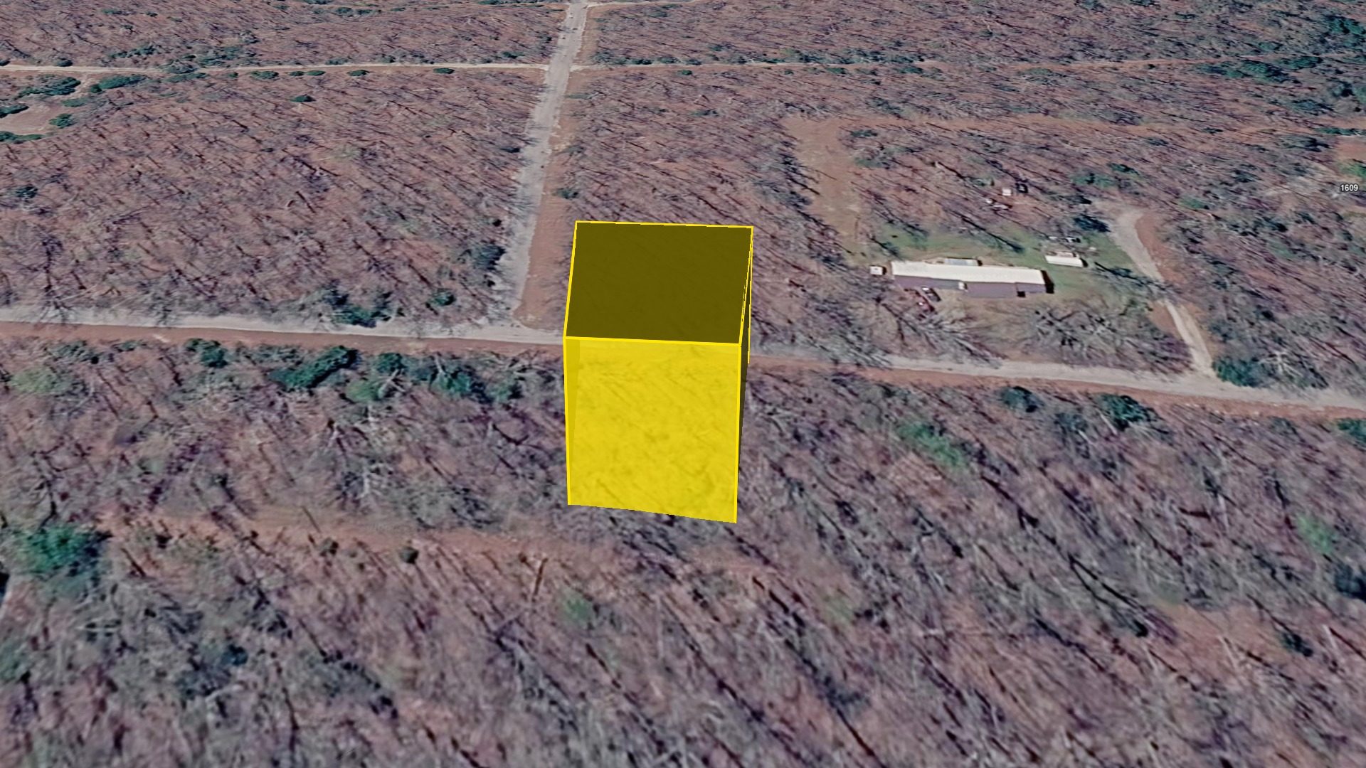 3D aerial view of Lot 30 with the raised parcel boundary, looking north across the surrounding lots