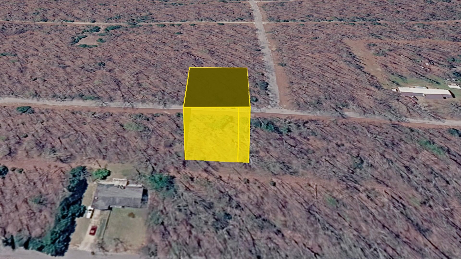 3D aerial view of Lot 32 with the raised parcel boundary, looking north across the surrounding lots