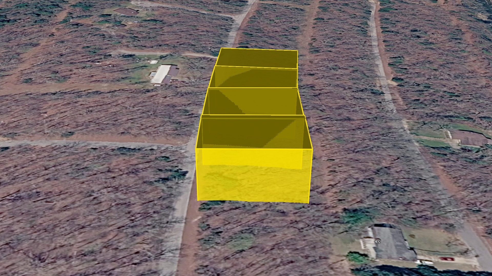 3D aerial view of all four connected lots (29-32) with the parcel boundary raised above the terrain, looking west toward the neighborhood