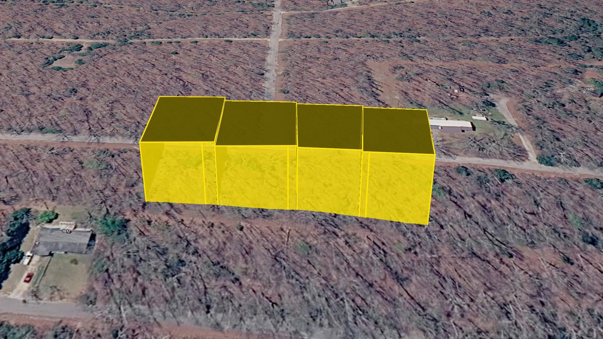 3D aerial view of all four connected lots (29-32) with the raised parcel boundary, looking north across the surrounding lots