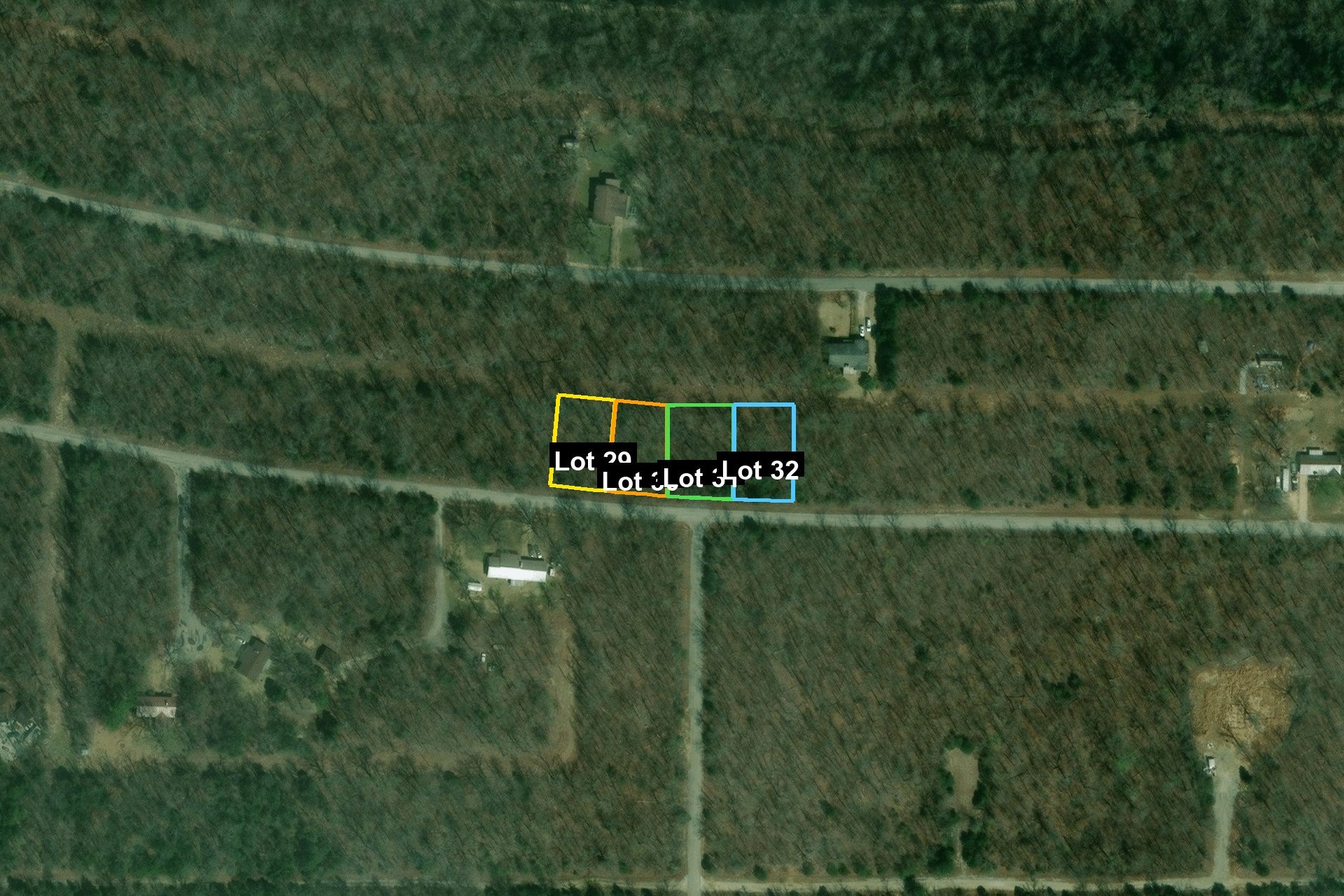Aerial boundary view of all four connected lots (29–32) with individual outlines, 1.13 acres total