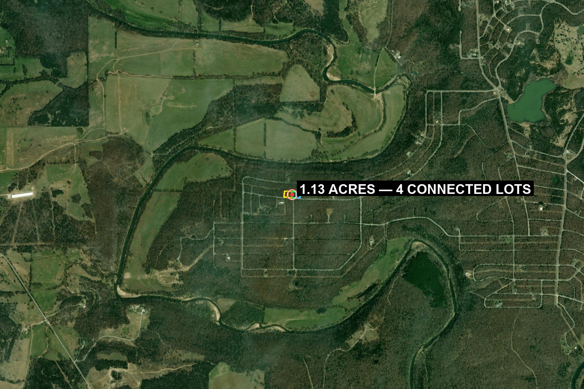 Labeled location map of the 1.13-acre four-lot block in Horseshoe Bend, Arkansas